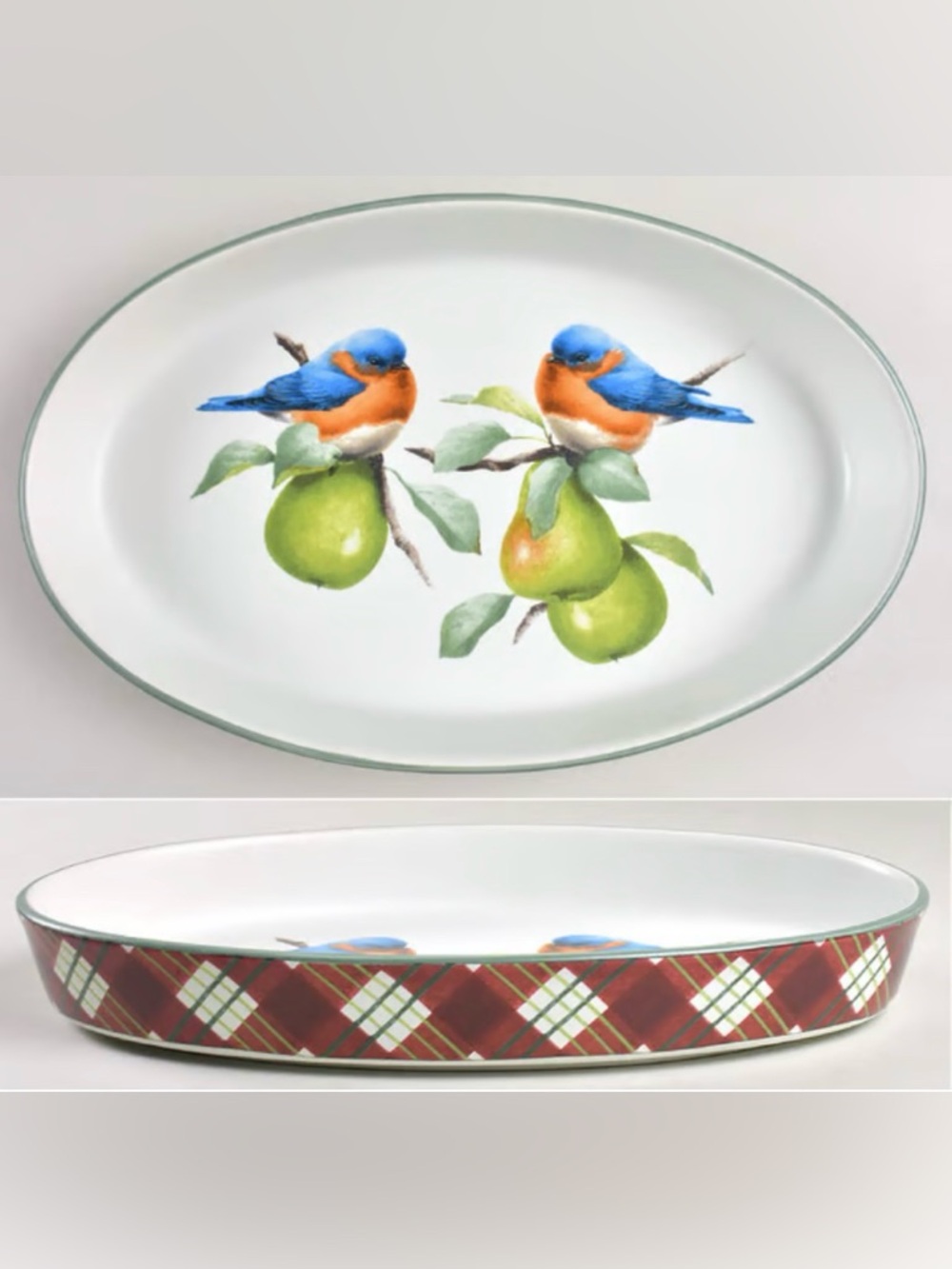 Lenox Winter Greetings Bluebirds Pears Everyday Tartan Oval Baking Dish Platter
